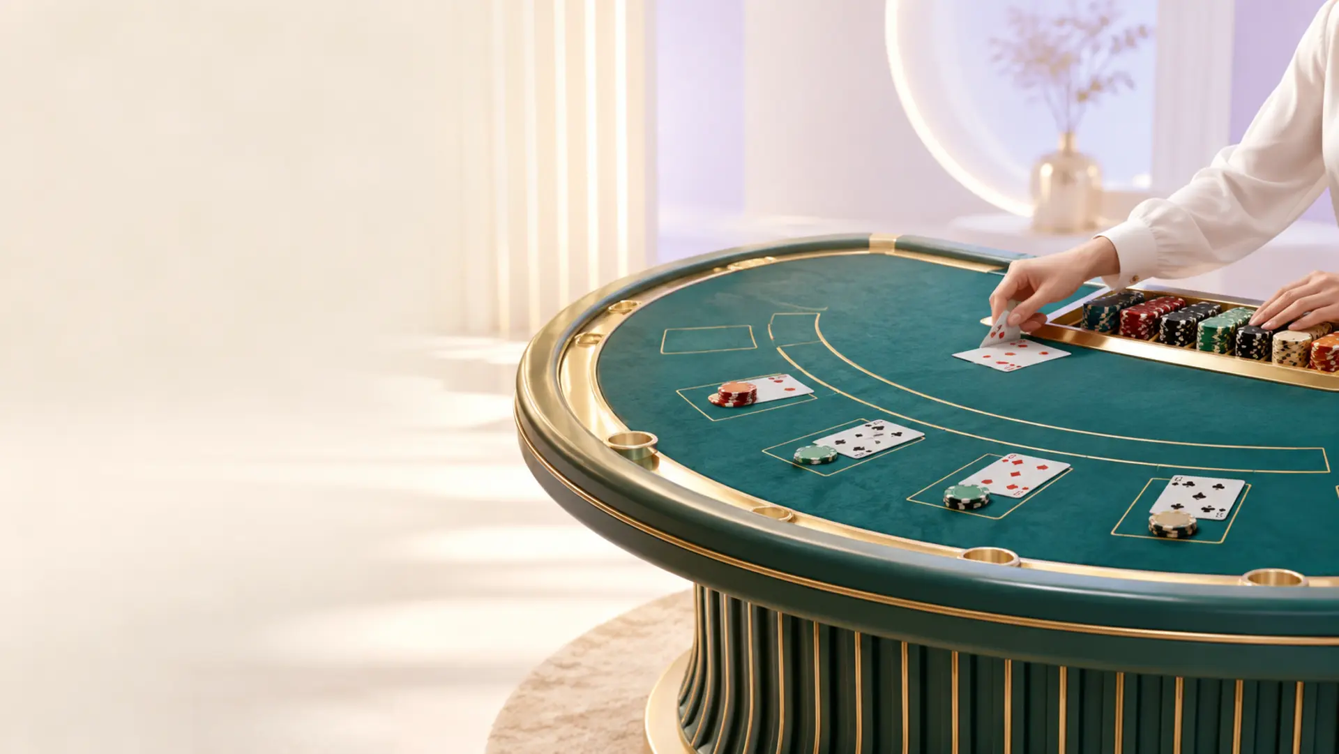 Meja live blackjack modern berwarna emerald dengan trim emas di ruang studio terang