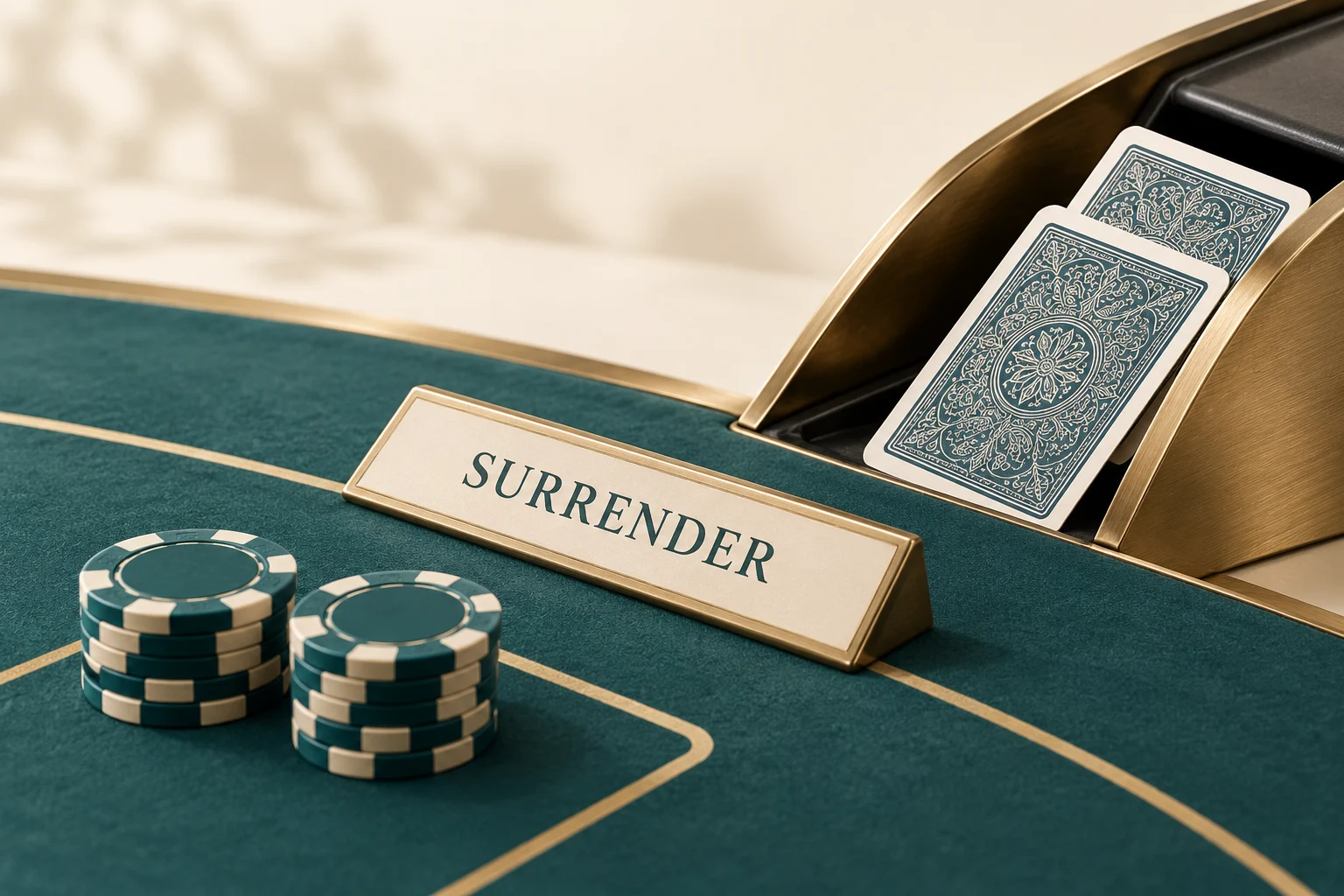 Ilustrasi kartu tertutup, chip, dan plakat surrender pada meja teal beraksen emas
